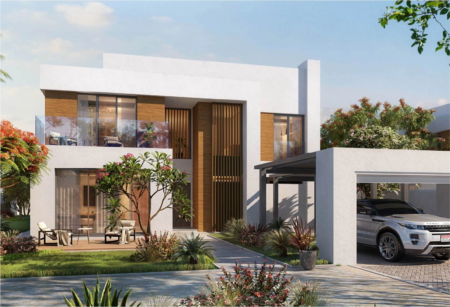 Driveway view of a contemporary villa in The Dunes at Saadiyat Reserve
